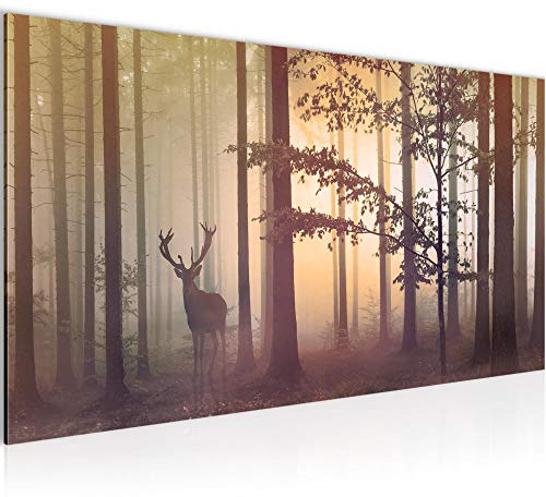Runa Art Wandbild Wald Hirsch 1 Teilig 100 x 40 cm Modern Bild auf Vlies Leinwand Nebel Schlafzimmer Wohnzimmer Gelb 013412c