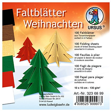 Ursus 3236899 - Faltblätter Weihnachten, aus Tonzeichenpapier 130 g/qm, 100 Blatt in 6 Farben, ca. 10 x 10 cm, durchgefärbt, hohe Farbbrillanz und Lichtbeständigkeit, ideal für schöne Faltfiguren