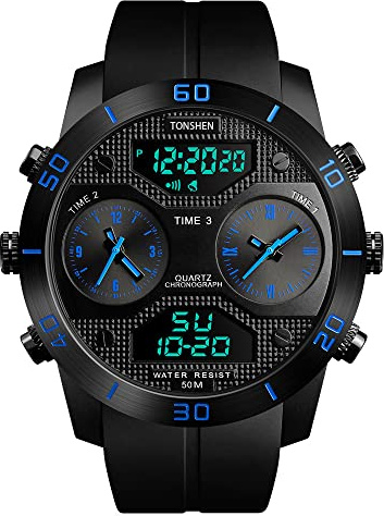 TONSHEN Hombre Fashion Grande Impermeable 50M Resistente al Agua Reloj Analógico Cuarzo LED Electrónica Tres Tiempo Alarma Outdoor Militar Deportivo Digital Relojes de Pulsera y Goma Correa (Azul)