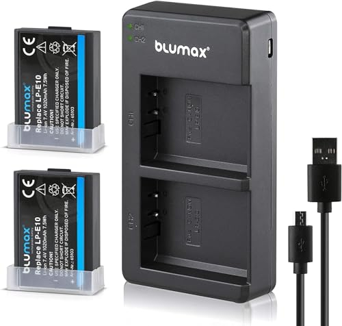 Blumax - 2 Batteries Type Canon LP-E10 à 1020mAh - avec Chargeur Slim Dual Type LC-E10e - câble d'alimentation - Compatible avec Canon EOS 1100D/1200D/1300D/ EOS Rebel T3/T5/T6