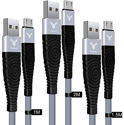 YUNJU Micro USB Cables, [3-Pack 1M, 1.5M, 2M] Extra Long Android Phone Tablet Charger Fast Charging Sync Leads Nylon Braided Wire for Samsung S7 A10 A7 A6, Kindle, Fire, PS4, Xbox & More