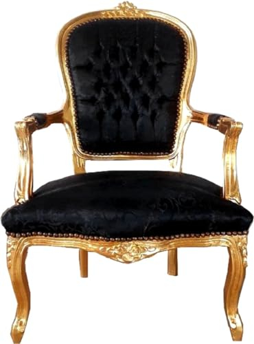 Casa Padrino Barock Salon Stuhl Schwarz Muster/Gold 60 x 50 x H. 93 cm - Handgefertigter Antik Stil Stuhl mit edlem Satinstoff - Möbel im Barockstil