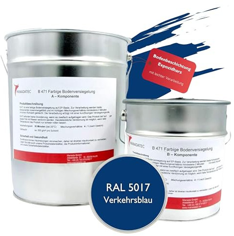 MANADATEC 2k Epoxidharz Bodenbeschichtung 5kg I RAL 5017 Verkehrsblau I Lösemittelfrei, Umweltfreundlich & Geruchsneutral I Beschichtung für Garagen- & Kellerböden I Hohe Schlagfestigkeit