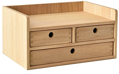 KIRIGEN Wood Desktop Organizer with 3 Drawers and 1 Shelves Home Workspace Office Supplies Wooden Storage Box Shelf Case Hold Makeup Box (2-layer & 3 drawers, Natural)