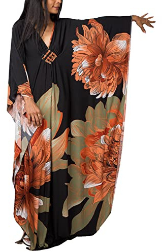 L-Peach Women Bohemian Kaftan Maxi Loungewear Nightgown Kimono Oversized Sleepwear Beach Dress Cover ups