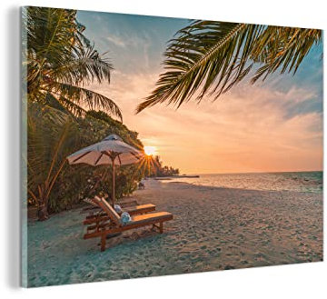 MuchoWow Glasbild Glasfoto Wandbild Bilder Deko 30x20 cm Strand - Strandkorb - Sonnenuntergang