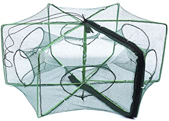 QWORK Faltbares Fischernetzfalle, Nylon Krabbennetz, Garnelennetz, perfekt für Krabben, Krebse, Aale, Garnelen, 6 Löcher