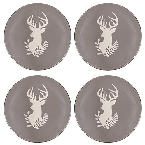 Side Plate Set of 4 Bread Cake Dessert Plates - Hand Painted Grey & White Country Stag Stoneware Crockery Dishwasher & Microwave Safe Dinnerware Set