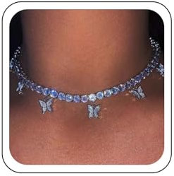 Wendalern Boho Kristall Schmetterling Tennis Halsband Halskette Vintage Tennis Kette baumeln Cz Schmetterling Halskette Silber Strass Kragen Halsketten Schmuck für Frauen und Mädchen