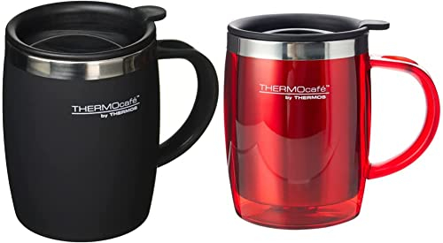 ThermoCafé by Thermos 105102 Desk Mug, Stainless Steel/Plastic, Soft Touch Black, 14 x 9 x 12 cm & Thermos Thermocafe Desk Mug - 450 ml, Red, 1 Count (Pack of 1)