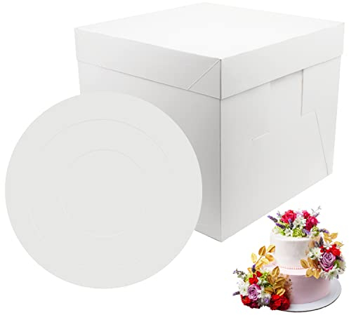 PHULWEL 4 Stück Tortenschachtel mit Tortenbrett für Stufenkuchen, Weiß Tortenkarton mit Kuchenbrett Cake Board, Einweg-Tortenbehälter - 30*30*25.4cm