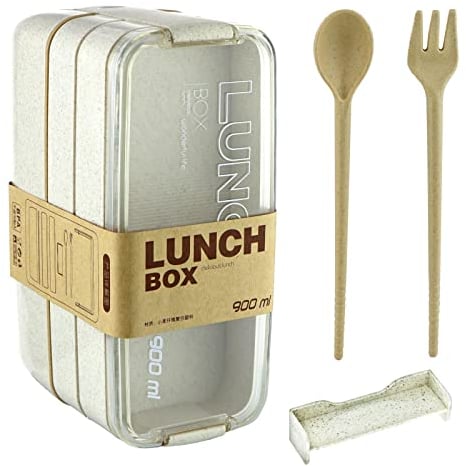 Triple Layer Lunch Box, 3 Compartment Packed Lunch Box, Microwave and Dishwasher Safe, Stackable, BPA Free, Cutlery Fork and Spoon Included (Cream)