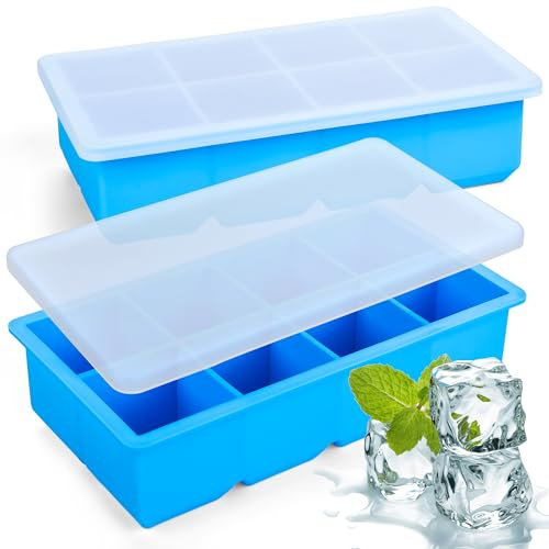 Stark Home Pack of 2 Blue 8 Cubes Silicone Ice Cube Tray, Black Reusable Ice Tray, BPA Safe Large Ice Cube Moulds for Whiskey