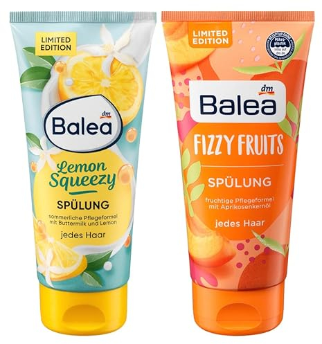 Balea 2er-Set Haarspülung: Conditioner LEMON SQUEEZY sommerlicher Zitronenduft & Pflegeformel mit Buttermilch für Geschmeidigkeit (200 ml) + Spülung FIZZY FRUITS mit Aprikosenkernöl (200 ml), 400 ml