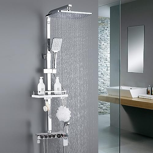 Dnkelar Duschset, Duschsystem mit großer Regendusche, Handbrause, mit Höheverstellbarer Duschstange (Thermostat-LED Anzeige-Silber-5)
