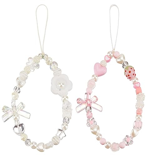 GORGECRAFT 2 Stile Perlen-Handy-Charms Riemen Handgefertigt Handy-Lanyard Handgelenk-Schlüsselanhänger Rosa Weiß Abnehmbare Perlen Handy-Kette Süße Erdbeer-Schleife Herz-Perlen-Anhänger