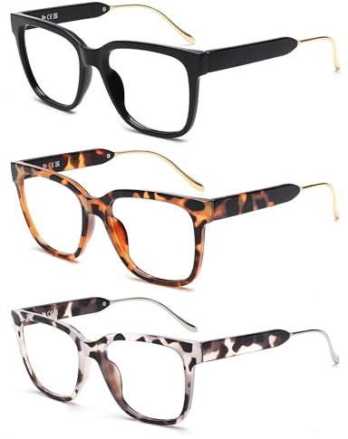 JM 3 Pack Clásicas Cuadrada Gafas de Lectura para Mujer Hombre, Retro Moda Gran Tamaño Gafas Presbicia con Bloqueo a Luz Azul +1.0