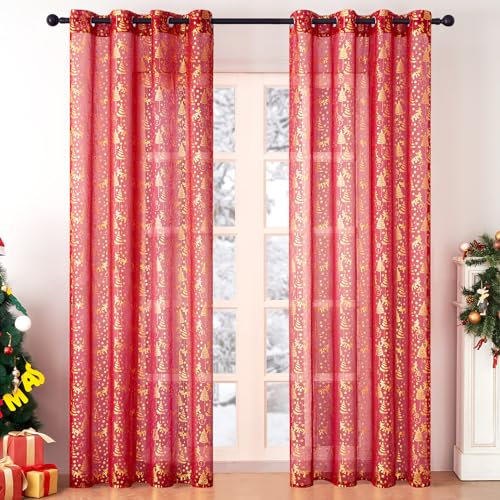 MRTREES Cortinas Navideñas Salon Modernas 140 x 240 cm Cortinas Roja Cortina translucida con Ojales 2 Piezas,patrón de árbol de Navidad Dorado