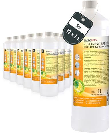 MICROACTIV Zitronensäure flüssig 12 x 1 Liter - Kraftvoller Entkalker für Kaffeevollautomat, Wasserkocher & Dusche - Biologisch abbaubar - Ideal im Haushalt