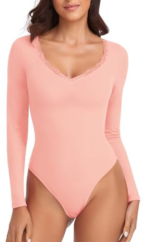 WOWENY Body da donna in pizzo, elegante, a maniche lunghe, scollo a V, sexy, a maniche lunghe, da donna, 1-rosa, S
