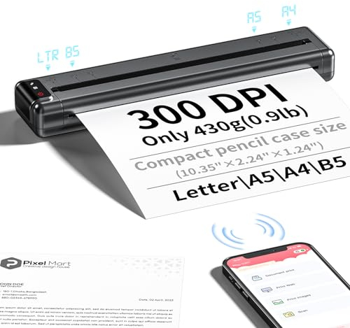 PhoFuta Mobiler Drucker, 300DPI Thermodrucker, Thermal Printer, Drucker Klein Unterstützt US Letter/A4/B5/A5 Thermopapier, WiFi, Bluetooth, USB, 430g