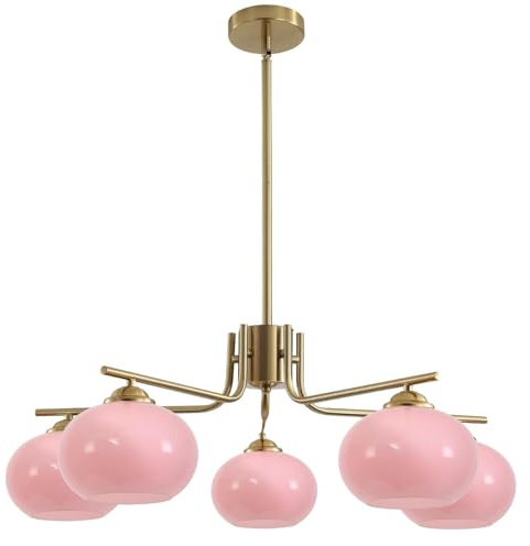 KCO Lighting Modern Pink Kronleuchter Rosa Glas Pendelleuchte 5 Lichter Gold Große Globe Kronleuchter Mitte Jahrhundert Unterputz-Deckenleuchte Leuchte für Esszimmer Küche Insel Wohnzimmer
