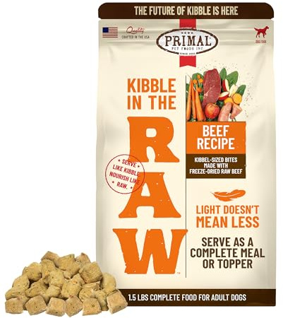 Primal Kibble in The Raw, Freeze Dried Dog Food, Beef, Scoop & Serve, Made with Raw Protein, Whole Ingredient Nutrition, Crafted in The USA, Dry Dog Food 1.5 lb Bag