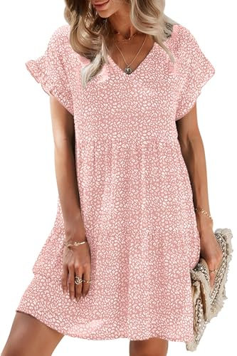 CheChury Femme Ete Chic Robe Boheme Robe pour Femme T-Shirt Imprimé Robe Fluide Ample Chiffon Robe à Manches Courtes Col en V Robe de Plage,Rose,M