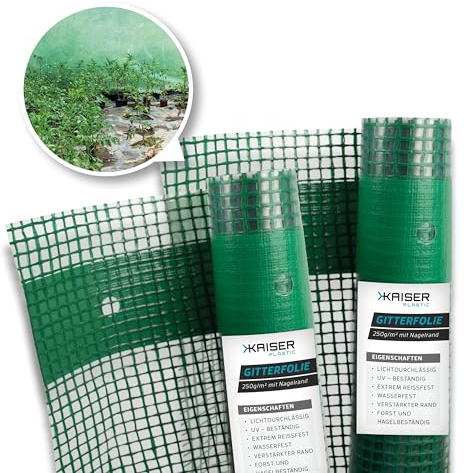 KAISER PLASTIC® Gitterfolie | Gewächhausfolie, Gartenfolie, Frühbeetfolie | 250g/m² Xtra Strong | 1,5m breit verschiedenen Längen | mit Nadelrand (1,5 x 4m)