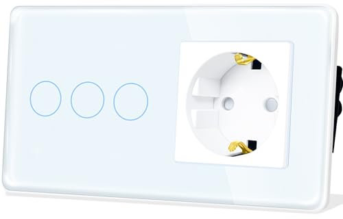 TAWOIA Touch Lichtschalter mit Steckdose,EU Standard 1 Fach Steckdose 3 Fach 1 Wege Unterputz Lichtschalter mit 2.5D Curved Glas Platte 86 * 157mm Weiß