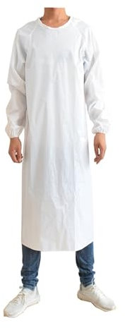 DHNDSDP Long Men's Oxford Apron Adult Thickened Long Sleeve Culinary Kitchen Aprons Water and Oil Elasticated Cuffs Water Proof Overalls for Cleaning Work(White,130cm/51.2in)