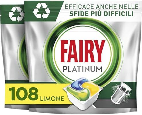 Fairy Platinum Detersivo Pastiglie Lavastoviglie, Brillantante, 108 Capsule Lavastoviglie, Limone, con Sistema Di Prelavaggio Integrato, Efficace nelle Sfide Difficili Contro lo Sporco