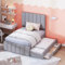 Zravenna Einzelbetten Bett 90x200 cm, Jugendbett Polsterbett mit Ausziehbett und Schubladen, Betten Bettgestell mit Polster Kopfteil und Lattenrost, Leinen, Grau