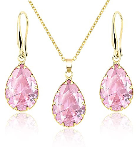 Linawe Pink Jewellery Sets for Women Wedding, Crystal Pendant Necklace Set Pink Earrings Dangling Imitation Diamond Rhinestone Cubic Zirconia Birthstone Dangle Gold Matching