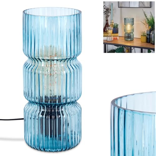 Tischleuchte Penteado, Tischlampe aus Metall/Glas in Schwarz/Blau, Leuchte im modernen Vintage/Retro-Design mit Schirm aus Glas (Ø 10,5cm) u. An/-Auschalter am Kabel, 1 x E27, ohne Leuchtmittel