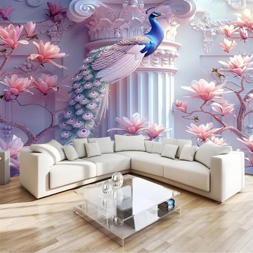 Photo Wallpaper Red Magnolia Peacock Wall Mural Multicolor Large Poster 300 x 210 cm (WxH) for Living Room Bedroom Tv Background Wall Home Decoration