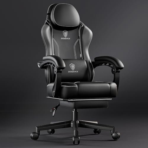 Dowinx Ergonomic Gaming Chair with Footrest, Pocket Spring Cushion and Massage Lumbar Support, High Back Leather Video Game Chair, 200kg Grey