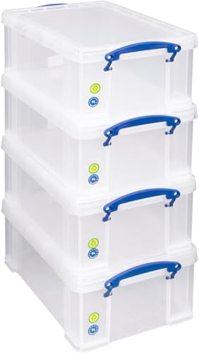 Really Useful Box 9 Litre Plastic Storage Box Clear, Multi-purpose stacking storage, with a lid and clip lock handles, Ideal for home, office, school and arts and crafts storage (1, 9L)