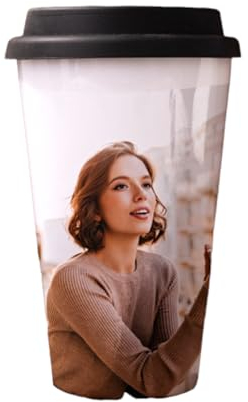 Made in Gift Taza Take Away de Cerámica con Tapa de Silicona Personalizada con tu Foto o Texto 275 ml como Regalo Original para Fans del Café o Té