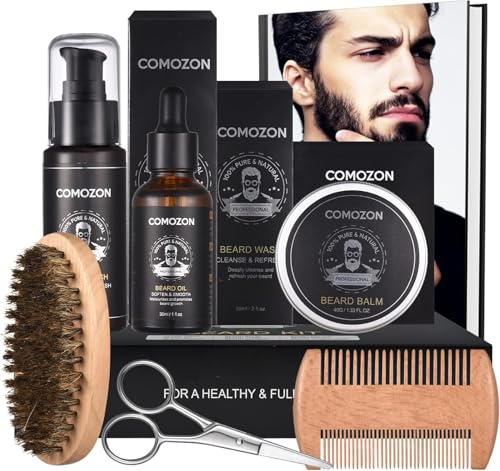 Bartroller,Bartpflege Set Mit Bart Roller Bartwuchsmittel Männer Comozon Bartroller Beard Growth Kit Mit Bartshampoo Bartöl Bartbalsam Rasiermesser Bartbürste Bartkamm Bartschere (6-in-1)
