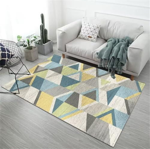 WBDYMX Schlafzimmer Teppich70x140CM Teppichboden Auslegware Teppich Anti rutsch Blau-gelber, moderner, waschbarer mit geometrischem Muster grau