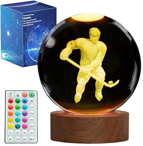 POSSHE Luce notturna per hockey, regalo per hockey su ghiaccio, palla di cristallo 3D con telecomando, lampade da 8,9 cm aggiornate con 16 colori per compleanno, Natale, fantastiche statuette regalo