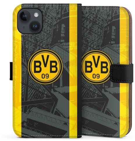 Klapphülle kompatibel mit Apple iPhone 14 Plus Handyhülle aus Kunst Leder schwarz Flip Case Borussia Dortmund BVB Stadion