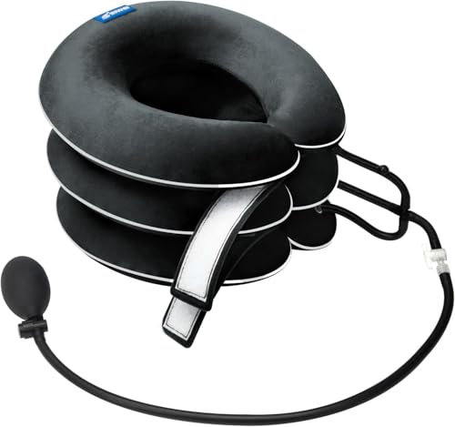 Cervical Neck Traction Device for Neck Pain Relief - Inflatable Neck Stretcher Traction Collar for Neck Decompression - Best Home Use Neck Brace, Neck Traction Pillow, Neck Pump (Black Plush)