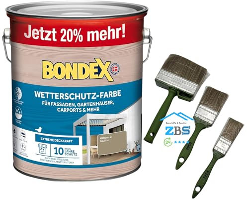 zbs24 Bondex Wetterschutzfarbe für Außen, atmungsaktiv, bis zu 10 Jahre Wetterschutz, extreme Deckkraft, einfache Verarbeitung, für Holz, inkl. 3-teiliges Pinselset (marehalm RAL7034, 3 Liters)