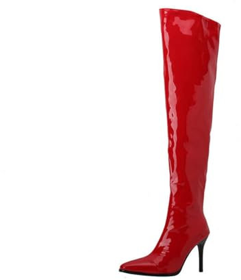 smlekwc Donna Tacco Alto Stivali Alti alla Coscia con Cerniera Laterale Punta Appuntita Stivali sopra Il Ginocchio Stivali Lunghi da Cavaliere in Ecopelle,Rosso,37 EU