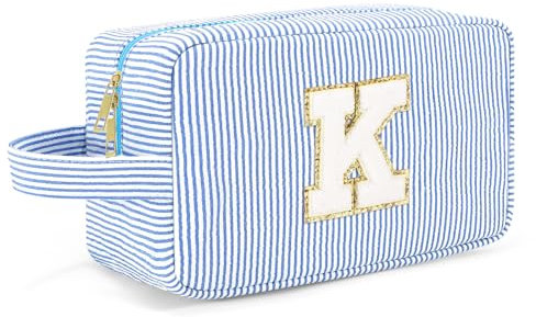 VONMELLI Grande Borsa Cosmetica a Coste Carina con Iniziali,Multifunzionale Trousse Da Viaggio,Trousse Trucchi Organizer Cosmetici,Borsa Toilette per Donne Ragazze Regalo Donna Compleanno Blu K