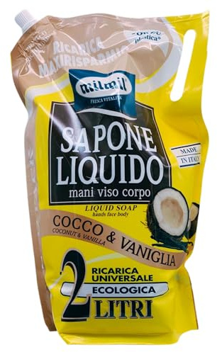 Maxi Ricarica SAPONE LIQUIDO Per Mani, Viso e Corpo COCCO & VANIGLIA. Lascia La Pelle Soffice e Piacevolmente Morbida 2L (Busta)