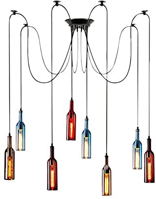 Glass Bottle Chandelier, 8 Heads Adjustable Ceiling Light, Industrial Style Pendant Lamp for Kitchen Island, Dining Room, Living Room, E27 Base
