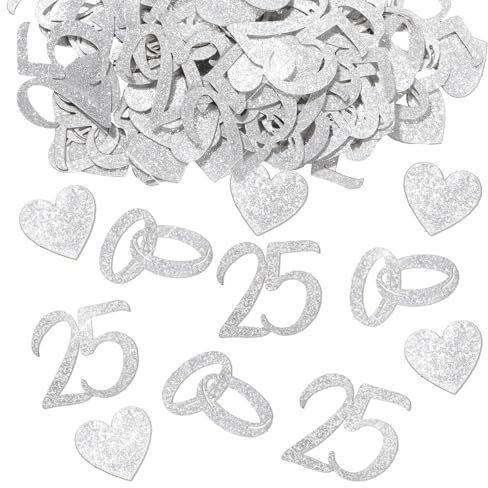 BETESSIN Streudeko Silberhochzeit Glitzer - 100 Stück Silber Hochzeit Konfetti mit 25, Ringe, Herz Motiven - Silberhochzeit Tischdeko für das 25. Jubiläum, 25. Hochzeitstag uvm.